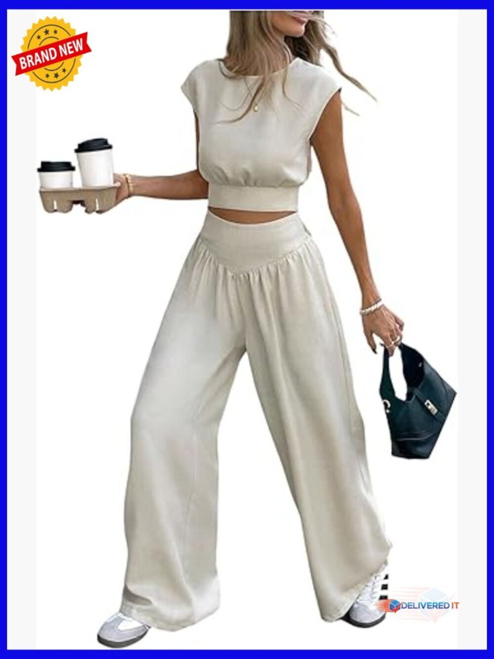 Business Casual 2 Piece Set Woven Tie Back Top & Wide Leg Pants